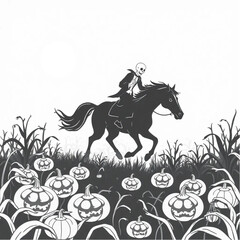 A headless horseman chasing through the mist in a eerie cornfield surrounded by cursed pumpkins.