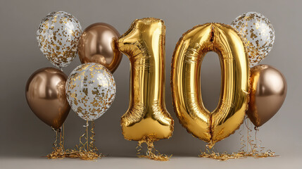 Gold and patterned balloons with the number "10" celebrating a tenth anniversary or milestone, against a neutral background.