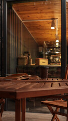 Coffee cup and book on a wooden table in a cafe