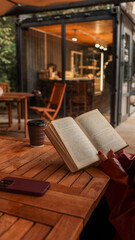 Reading a book at a cafe