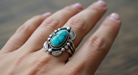 Woman wearing a turquoise and silver Native American ring. Indigenous jewelry, tribal art craft. National Native American Heritage Month concept.