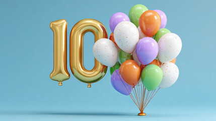 A large golden "10" balloon accompanied by a colorful cluster of purple, green, and white balloons against a soft blue background.