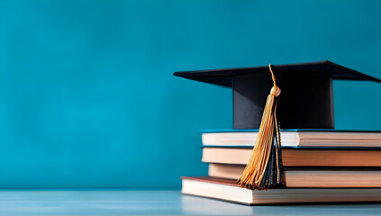 A graduation cap rests on a stack of books, symbolizing academic achievement and knowledge.