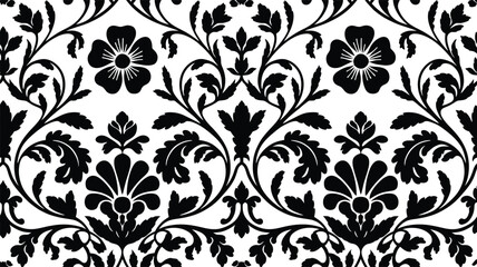Seamless Black and White Floral Ornamental Damask Pattern Vector Background for Textile, Wallpaper, Fabric, Decoration and Stylish Graphic Design