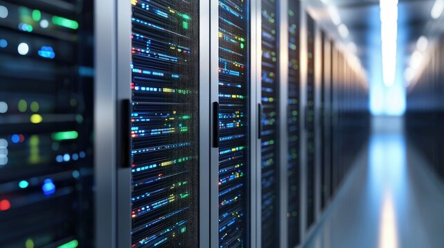 Futuristic data center corridor with glowing multicolor server racks and reflections for IT infrastructure, AI computing, cloud storage, and cybersecurity technology use