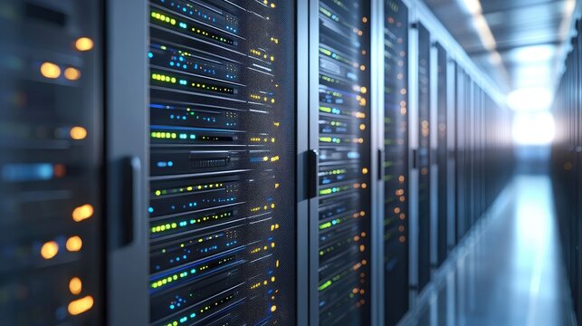 Modern futuristic data center hallway with glowing server racks and digital lights for IT infrastructure, AI computing, cloud storage systems, and cybersecurity presentations