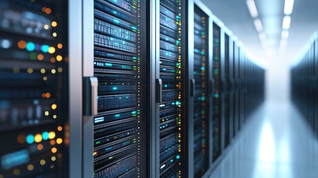 Futuristic data center interior with glowing server racks and bright corridor lights for IT infrastructure, AI computing, cloud storage, and cybersecurity technology use