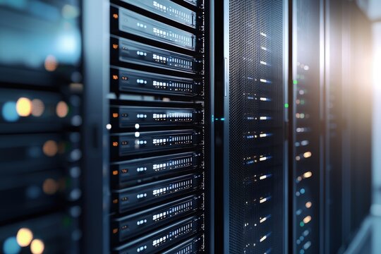 Close up futuristic server rack in modern data center with glowing digital lights for IT infrastructure, AI computing, cloud storage, and cybersecurity technology presentations