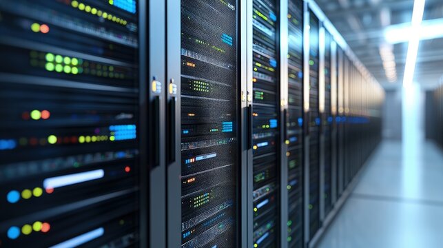 Futuristic data center interior with glowing multicolor server racks and corridor lights for IT infrastructure, AI computing, cloud storage, and cybersecurity technology use