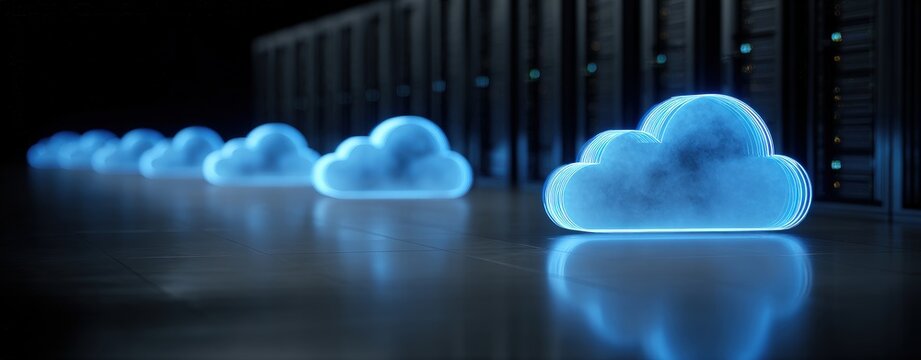 Futuristic server room with multiple glowing blue neon cloud icons in perspective for IT infrastructure, AI data storage, virtualization, and digital technology presentations