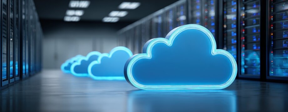Futuristic cloud computing server room with multiple glowing blue neon cloud icons and data racks for IT infrastructure, AI storage, and digital technology presentations