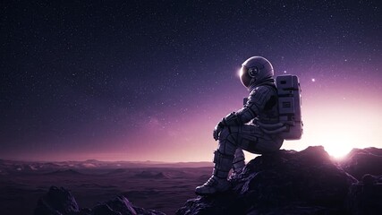 Human Exploration: Spacewalker Tethered to Module Above Moonscape with Blue Planet.

 - Powered by Adobe