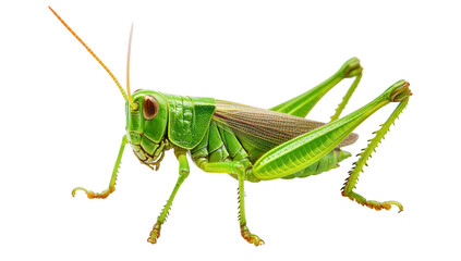 A green grasshopper perched on a white surface. its intricate body structure and detailed features. ideal for educational or nature-themed projects
