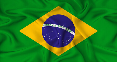 Realistic Brazil flag waving. Close up of flag of Brazil with cloth texture