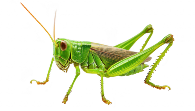 A green grasshopper perched on a white surface. its intricate body structure and detailed features. ideal for educational or nature-themed projects