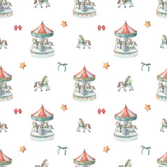 Seamless pattern, merry-go-round carousel, star, bow. Hand-painted watercolor illustration isolated on white for printing on textile, wallpaper, packaging, stationery, children decor, festive projects