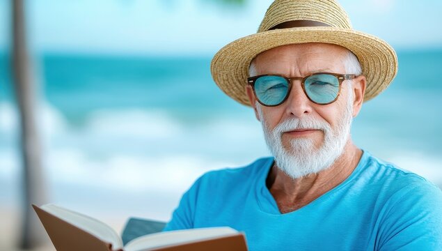 A relaxed senior man with a straw hat and sunglasses reads a book by the beach, enjoying his peaceful retirement