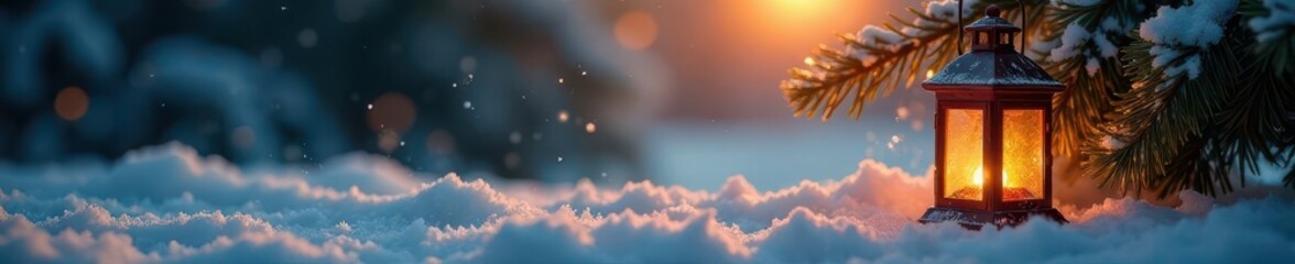 Charming Christmas lantern glows on snowy ground, sunlight illuminates fir branch , outdoor, nature, still life