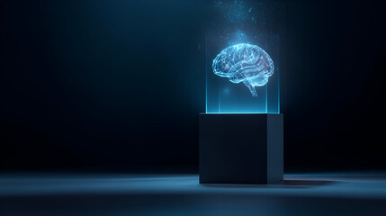 A futuristic display of a glowing brain model in a dark environment, showcasing innovation.