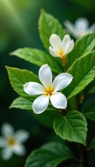 Fototapeta premium Delicate jasmine blossoms infused in vibrant green tea leaves , hot, green