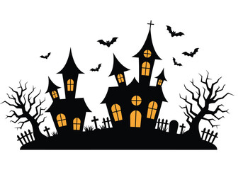 Vector art of eerie Halloween scene with haunted houses, bats, and bare trees silhouetted against a gray sky, creating a spooky and festive atmosphere for the holiday season