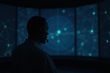 Control room operator headset silhouette dark blue screen radar interface network data flows with focused mood in dim command center monitoring signals and systems with precision
