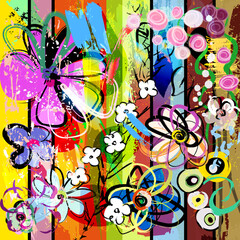 abstract background composition with flowers, with paint strokes, splashes and geometric lines