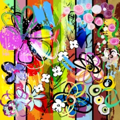Fotobehang Abstract met Penseelstreken abstract background composition with flowers, with paint strokes, splashes and geometric lines  © Kirsten Hinte
