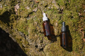 A dark and light glass serum bottle with a dropper, tree bark wood, moss. forest on a sunny day nature background. Concept of skin care, hydration, cosmetic demonstration eco-friendly product mock up