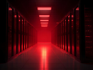 Fototapeta premium A futuristic data center illuminated by red lights, showcasing advanced server racks.