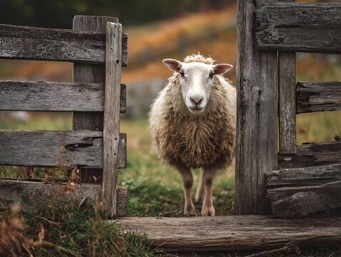 A curious sheep peeking through a rustic wooden gate in a serene meadow.