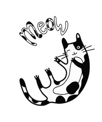 Cartoon cat drawing on separate white background with meow written. Postcard or logo for creating a corporate identity or school sketchbook. Vector.
