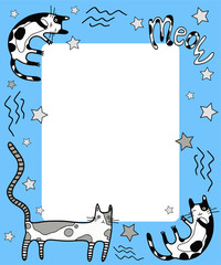 Background or frame with cute cats and mew messages with stars. Funny characters for decoration and design. Hand-drawn. Vector.