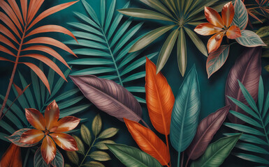 Luxury Tropical Foliage Pattern with Copper and Orange Metallic Leaves on Teal Background