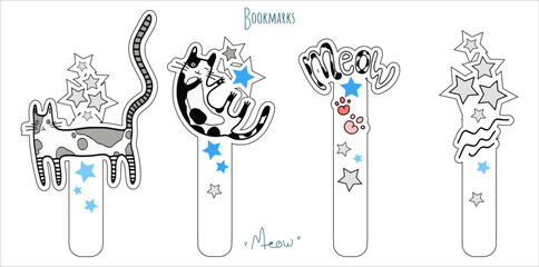 A set of book bookmarks with cute cats, inscriptions and stars. Fashionable accessories for school and hobbies. Vector.
