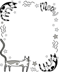 Background or frame with cute cats and mew messages with stars. Funny characters for decoration and design. Hand-drawn. Vector.