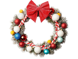 Colorful Christmas Wreath with Ornaments, Bows, and Festive Decorations for Holiday Celebrations and Seasonal Joy on transparent background