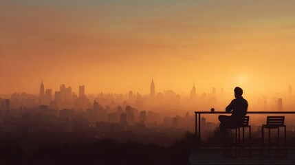 A solitary figure enjoys a warm sunset view of a hazy city skyline from a rooftop cafe