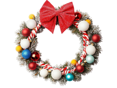 Colorful Christmas Wreath with Ornaments, Bows, and Festive Decorations for Holiday Celebrations and Seasonal Joy on transparent background