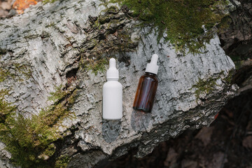 A dark and light glass serum bottle with a dropper, tree bark wood, moss. forest on a sunny day nature background. Concept of skin care, hydration, cosmetic demonstration eco-friendly product mock up