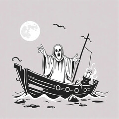 A ghoul chanting ancient spells in a haunted shipwreck surrounded by blood-stained moon.