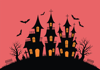 Vector art of eerie Halloween scene with haunted houses, bats, and bare trees silhouetted against a gray sky, creating a spooky and festive atmosphere for the holiday season