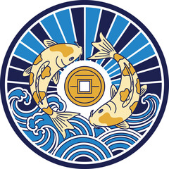Traditional Asian Art of Two Koi Fish and a Coin.