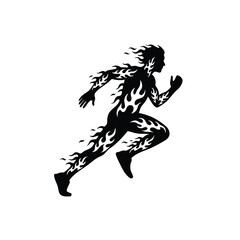 Fototapeta premium Dynamic silhouette of a runner with flame motifs, symbolizing speed and energy in motion during a race.