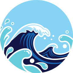 Ocean wave illustration in a blue circle water splash art.