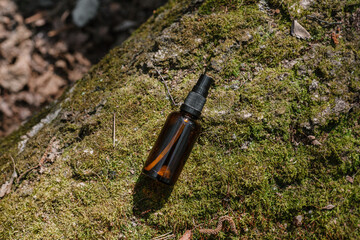 A dark and light glass serum bottle with a dropper, tree bark wood, moss. forest on a sunny day nature background. Concept of skin care, hydration, cosmetic demonstration eco-friendly product mock up
