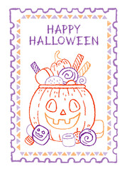 Halloween candy bucket. Pumpkin poster in stamp frame. Vintage illustration. Watercolor postcard. Poster pattern bg. Trick or treat design pumpkin basket. Vector post card background. Retro border