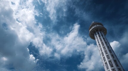 A tall white lattice observation tower against a bright cloudy blue sky seen from a low angle