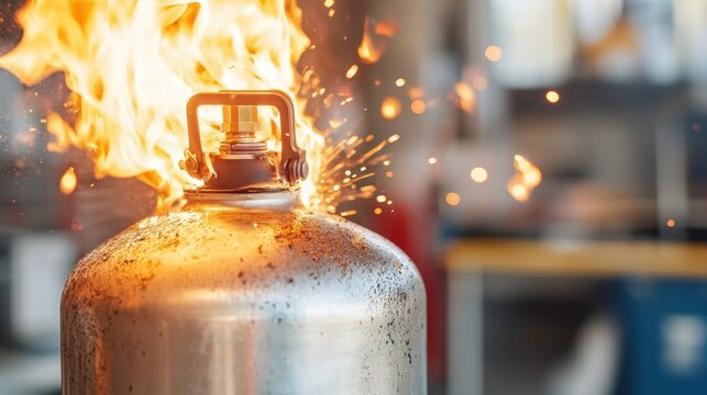 A gas cylinder is on fire, with flames and sparks erupting from the valve in an indoor setting.