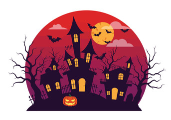 Vector art of eerie Halloween scene with haunted houses, bats, and bare trees silhouetted against a gray sky, creating a spooky and festive atmosphere for the holiday season